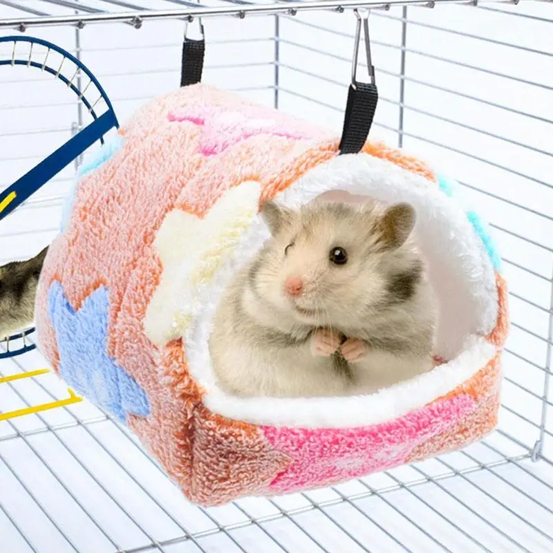 Cute Heart Print Hamster Sleeping Bed with Hooks Design, Hanging Soft Warm Winter House for Small Mice, Dwarf Hamster, Rabbit, Small Animal Supplies