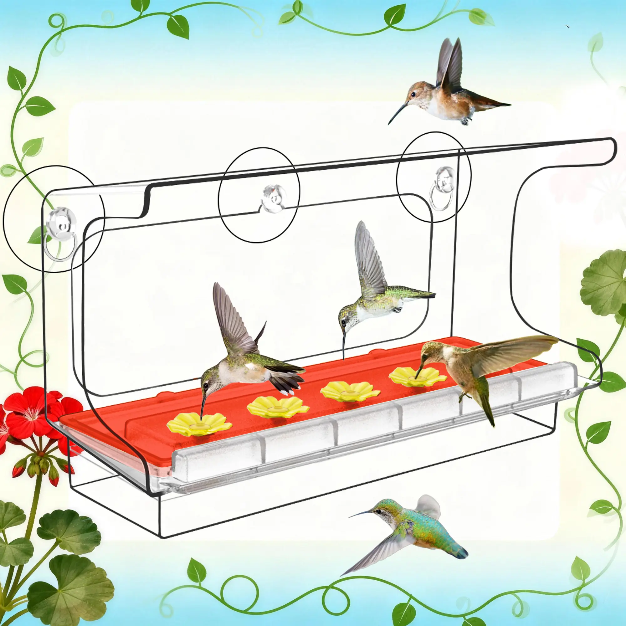 LUJII Suction Cup Bird Feeder - 1-Piece Construction, 5 Suction Cups, 20 fl.oz Backless View, 5-Port Lift-Out Tray, Easy Clean, 22 lb Capacity, Safe Backyard Feeding Tool, Bird Lover Gift, Injection Mold