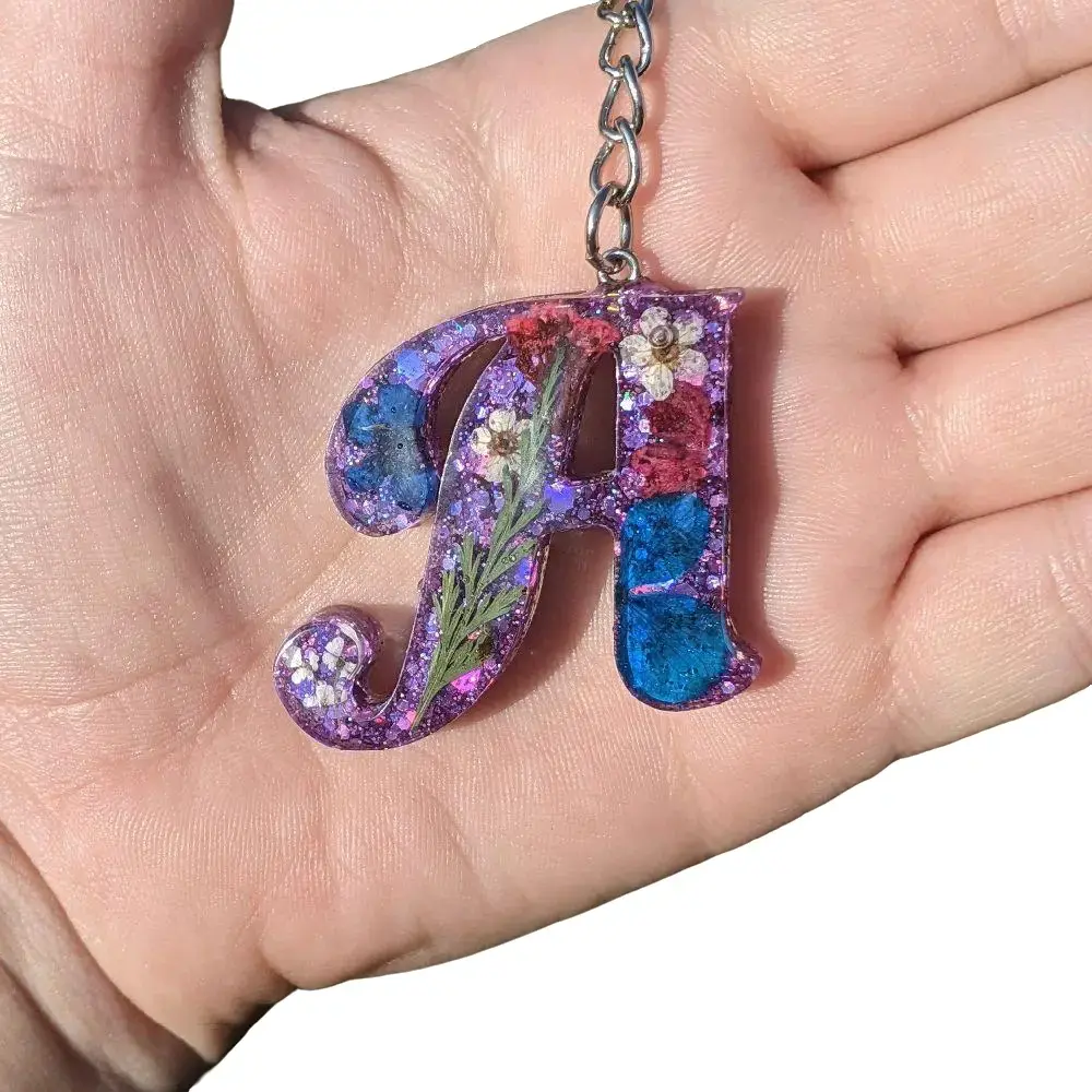 Floral and Glitter Letter Keychain A - Purple Design with Floral Accents and Glitter Details