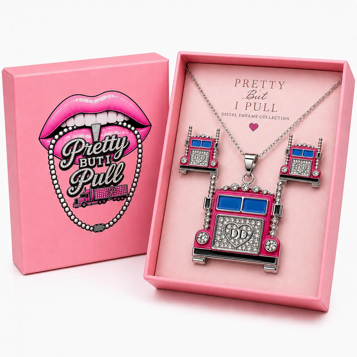 Pretty But I Pull Diesel Dreams Truck Jewelry Necklace & Stud Earrings Set