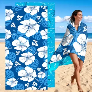Blue Hibiscus Flower Beach Towel, Hibiscus Flower Microfiber Beach Towel, with coconut tree pattern on the back. Suitable for beach vacations, outdoor trips. Features such as super softness, quick absorption and fast drying make it an exquisite gift.