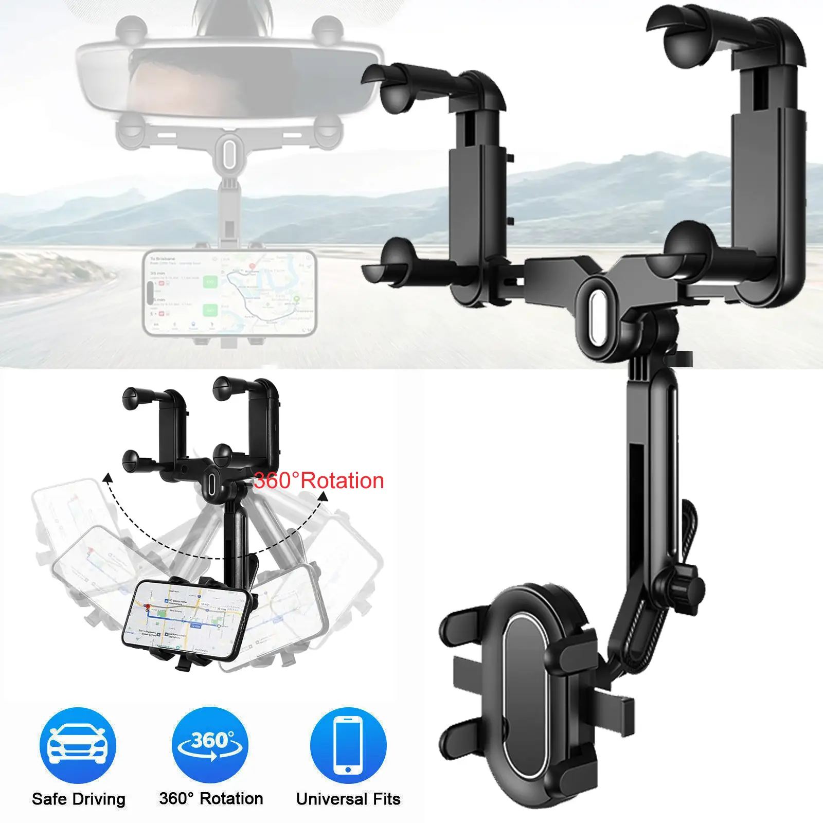 Rearview Mirror Phone Holder for Car - 360° Rotating and Retractable Mobile Phone Mount for Cars Rear View Mirrors, Adjustable GPS Holders for Auto Vi