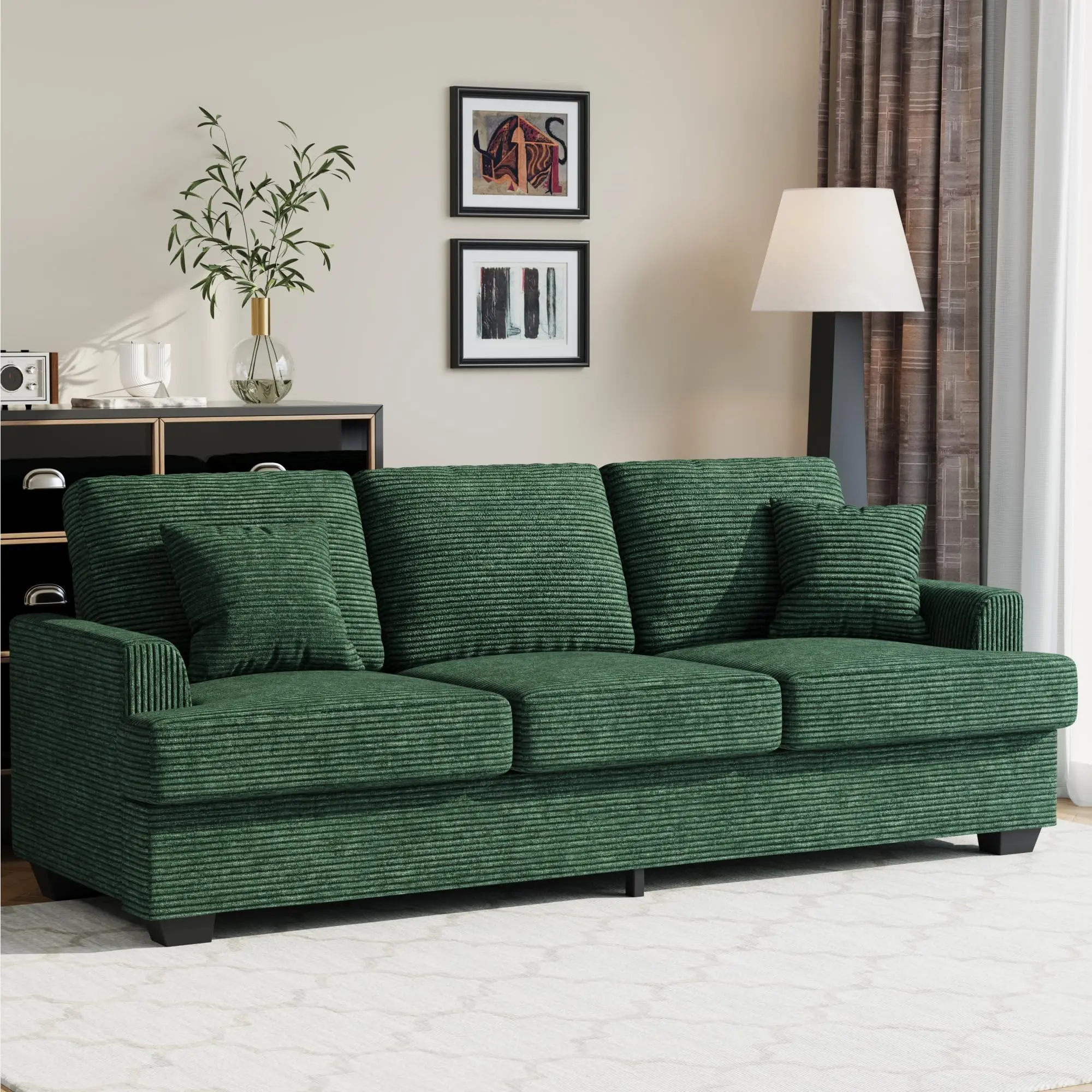 Garvee Modern 86" Corduroy Sofa with 2 Throw Pillows, Deep Seat Couch Featuring Upholstered Cushion and Removable Cover, Comfortable Corduroy Sofa Couch Perfect for Small Space Apartments, Lounge in Green