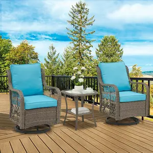 3 Piece Outdoor Patio Set, Wicker Rocking Bistro Set with 2 Swivel Chairs & Tempered Glass Top Table, Rattan Furniture with Cushions for Patio Porch
