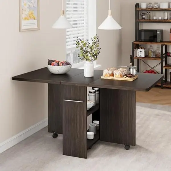 GARVEE Rectangular Folding Dining Table for 4 - Fold - Out Top, 2 - Tier Shelf, 6 Casters, Handle, Mobile Expandable, Ideal for Kitchen - Dark Walnut, 120x60cmx75cm