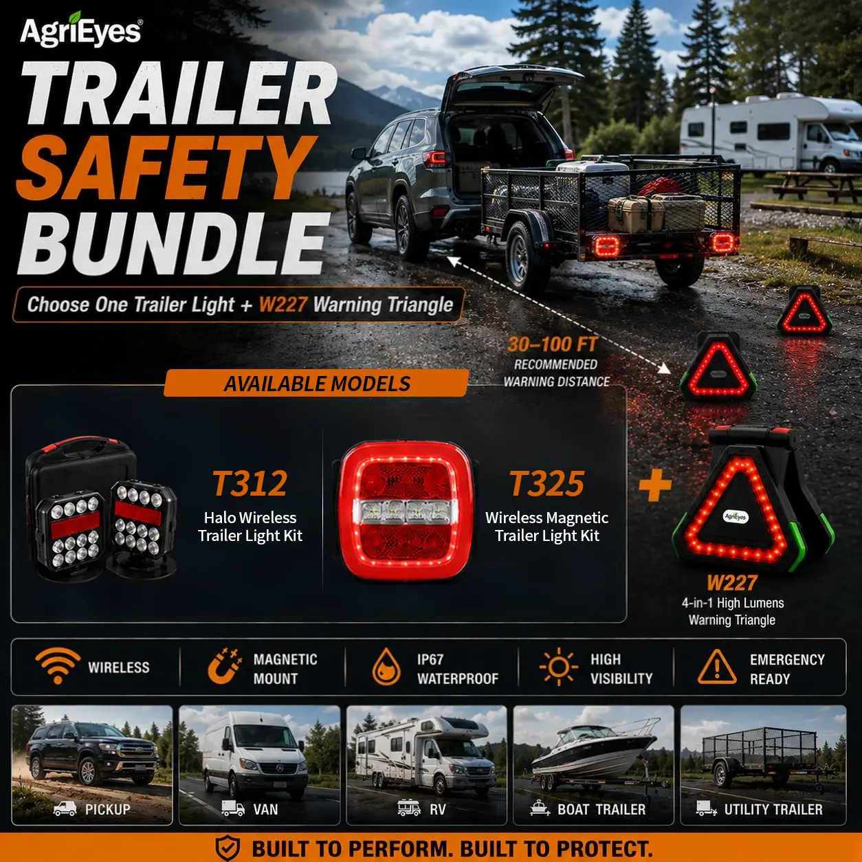 AgriEyes T312/T325 Wireless Magnetic Trailer Light Kit + W227 LED Warning Work Light Bundle, Waterproof High-Visibility Emergency Lighting for Trucks, Trailers & Roadside Use