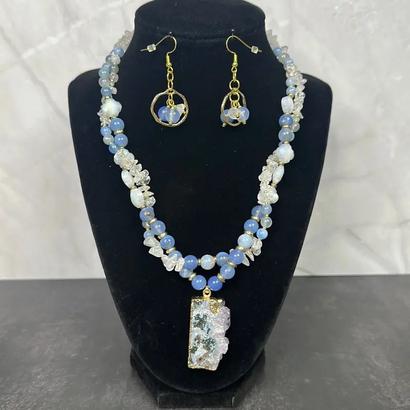 Handmade Blue Agate & Clear Quartz Druzy Necklace, Earrings and Bracelet Set