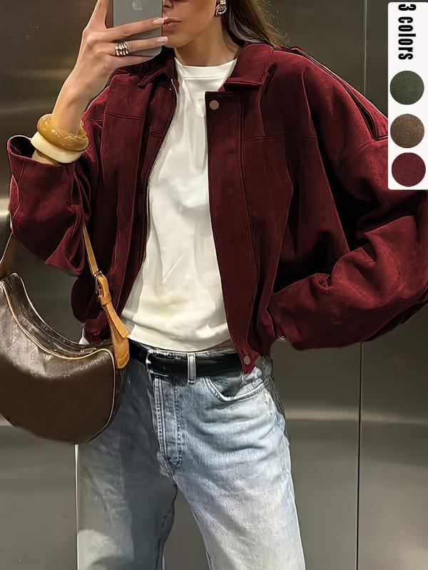 Women's Fall Winter Loose Fitted Suede Jacket, Short Batwing Sleeve Bomber Coat, Plain Leather Look Top, Zipper Neckline, Long Sleeve Vintage Style