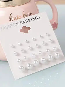 12 Pairs Assorted Sizes Pearl Stud Earrings Set   12 Pairs Dome Pearl Stud Earrings Set