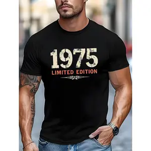 Men's 1975 Limited Edition Vintage Graphic T-Shirt - Streetwear Top, Cotton Seamless Fabric, Short Sleeves, Ribbed Collar, Soft Breathable, Ideal for Daily Casual Wear and Themed Events, Summer Sports & Outdoor Clothing
