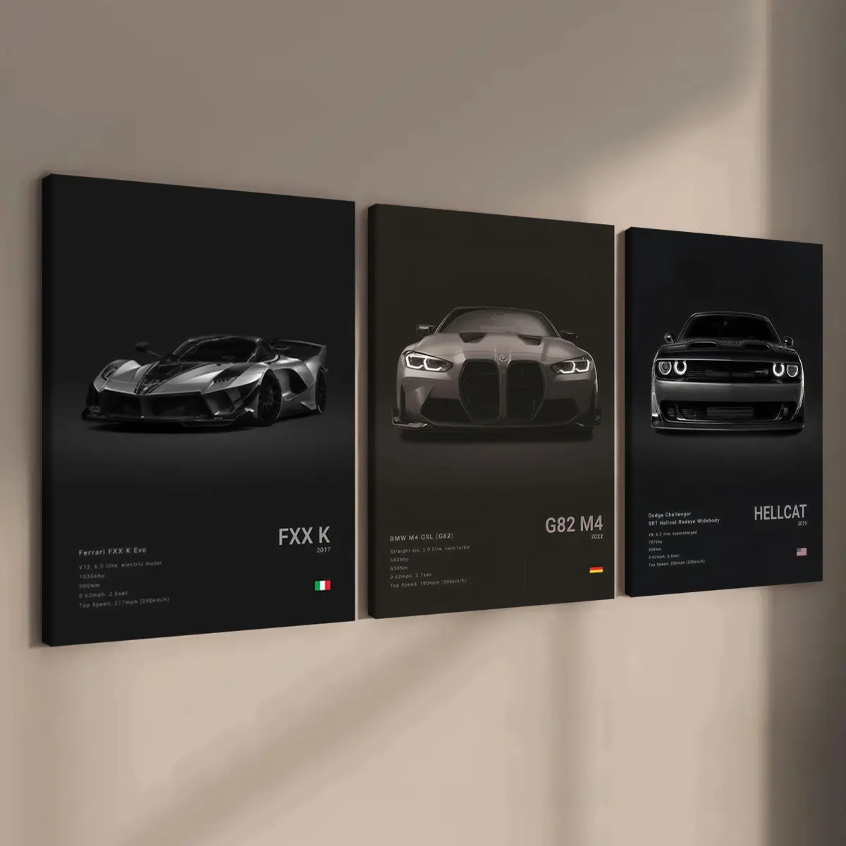 Set of 3 Wooden-Framed Supercar Canvas Prints, Car-Themed Wall Art for Men's Bedroom or Living Room, Ideal Gift for Automotive Enthusiasts
