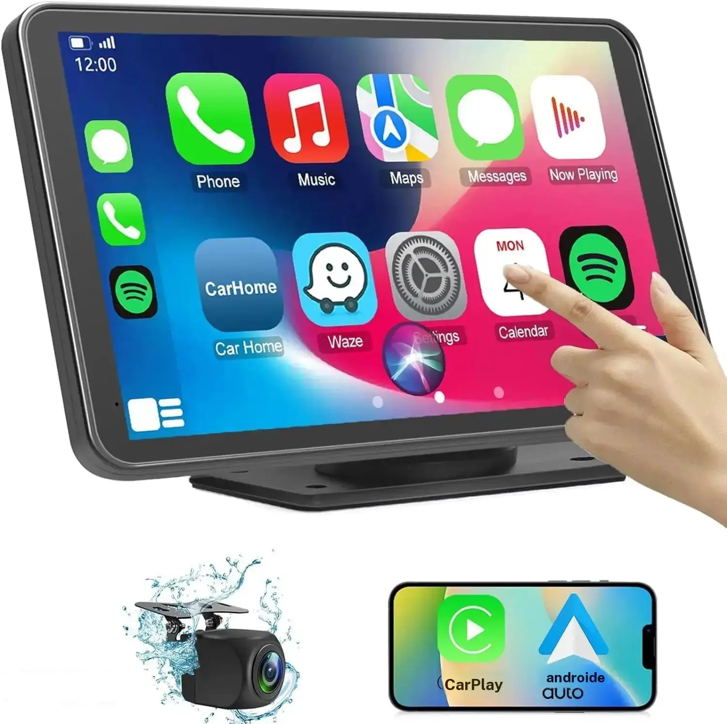Portable wireless car audio system supporting Apple CarPlay and Android Auto; features a 7-inch HD touchscreen and is compatible with all vehicle models.