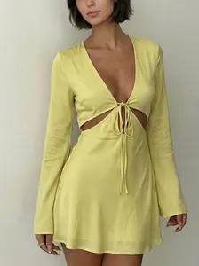 MUS600 | Women's Sexy Cut-Out Mini Dress - Long Flare Sleeve V-Neck Silk Satin Sundress - Trendy Tie-Front Backless Party Dress for Vacation & Club Night