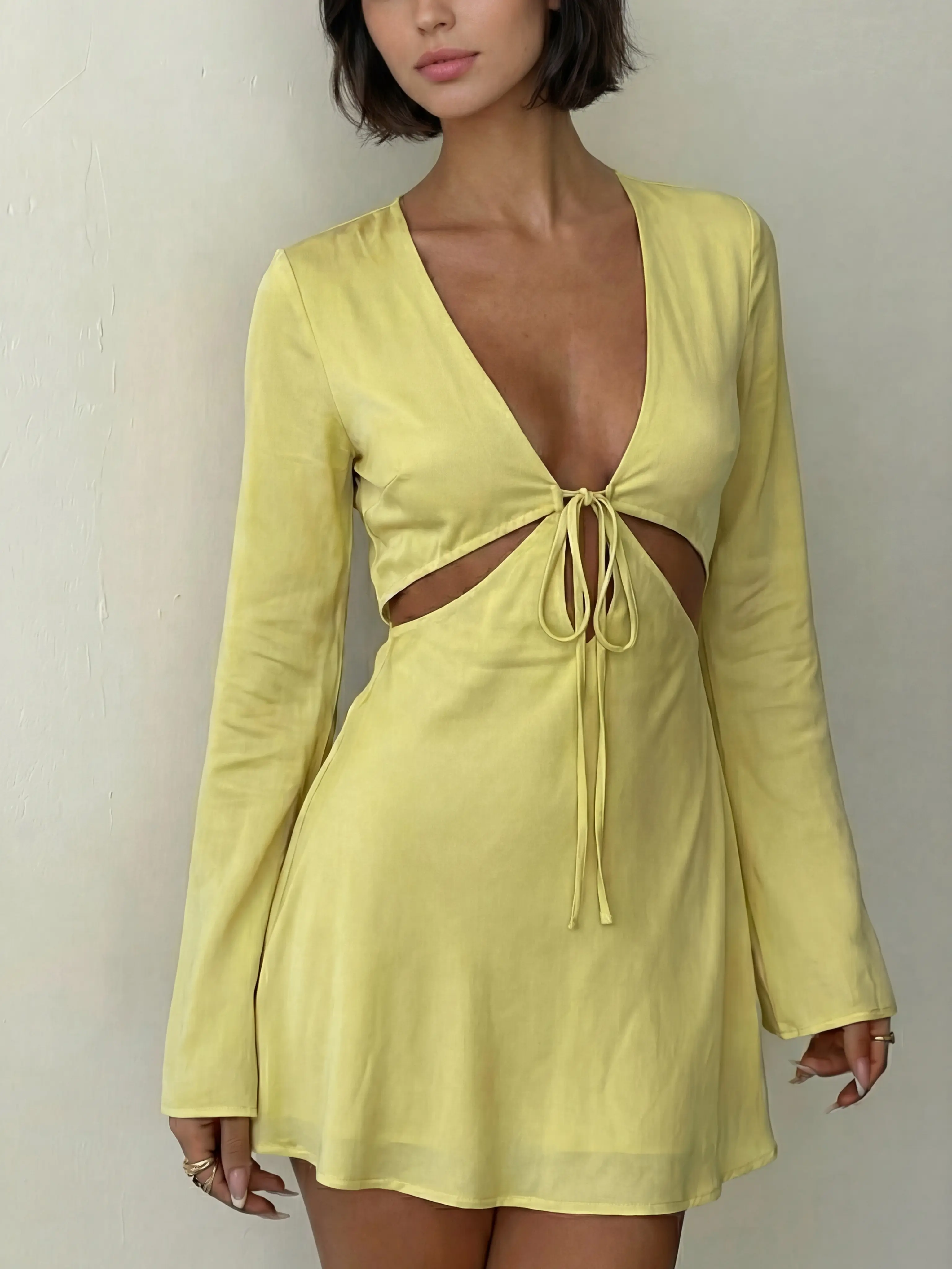 MUS600 | Women's Sexy Cut-Out Mini - Long Flare Sleeve V-Neck Silk Satin Sundress - Trendy Tie-Front Backless Party for Vacation & Club Night bridal shower dress - TikTok Shop MUS600 | Women's Sexy Cut-Out Mini - Long Flare Sleeve V-Neck Silk Satin Sundress - Trendy Tie-Front Backless Party for Vacation & Club Night bridal shower dress - TikTok Shop