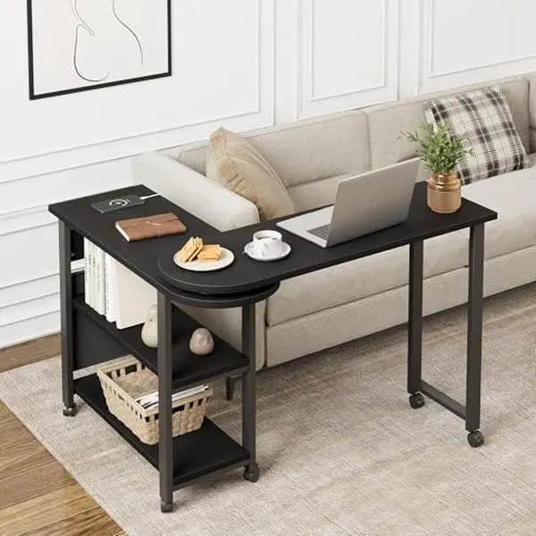 360° Rotating End Table with Charging Station – Swivel Sofa Side Table – Lockable Wheels, Storage Bag, USB Ports – Portable Bedside Table for Living Room or Bedroom,black
