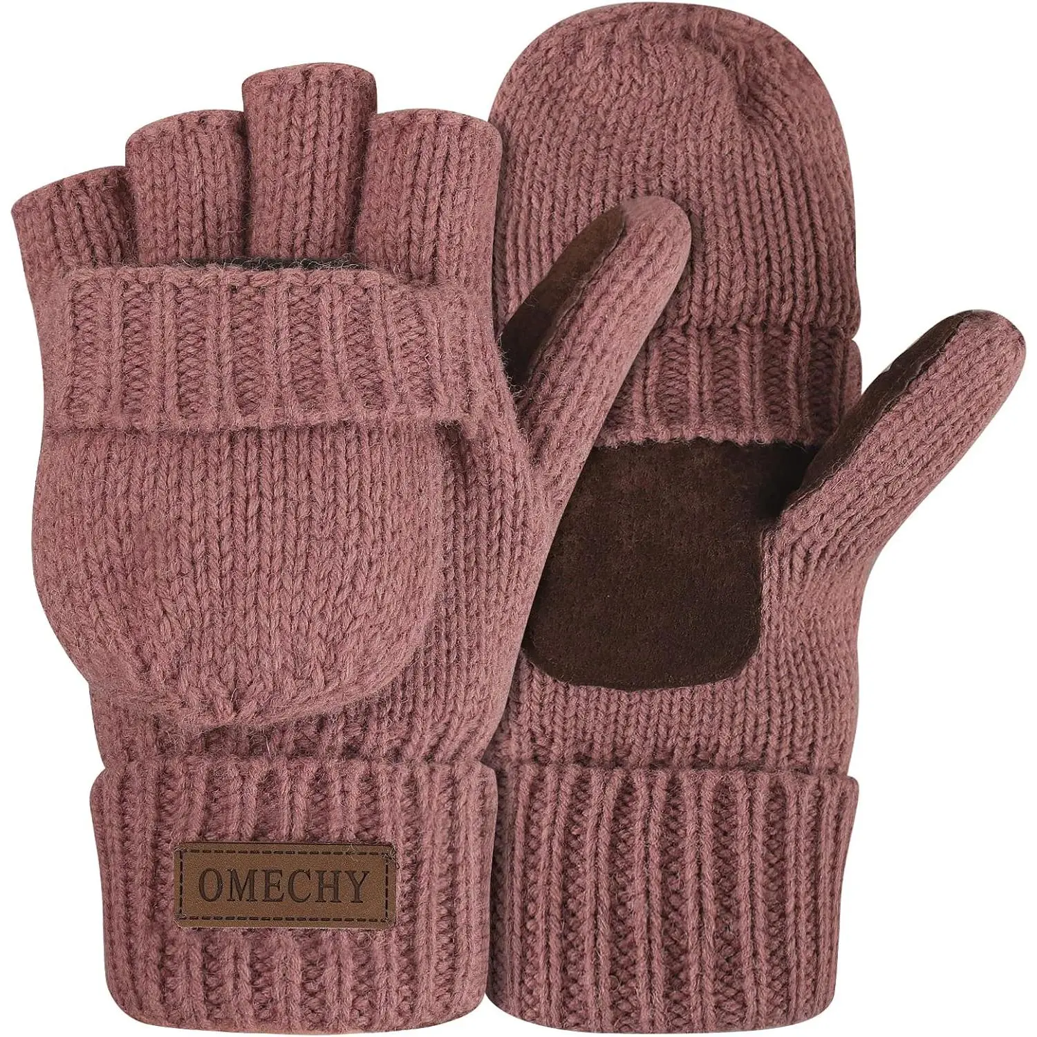 Convertible Mittens, Unisex Wool Blend Knitted Gloves with Fleece Lining and Leather Palm, Durable & Thermal to Keep Warm, One Size