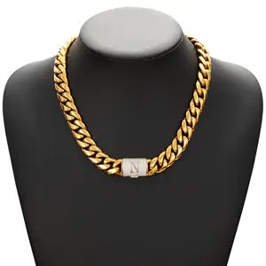 14K Gold-Plated Cuban Link Chain Stainless Steel Iced Out Initial Letter Clasp Necklace For Women And Men Hip Hop Jewelry With Gift Box