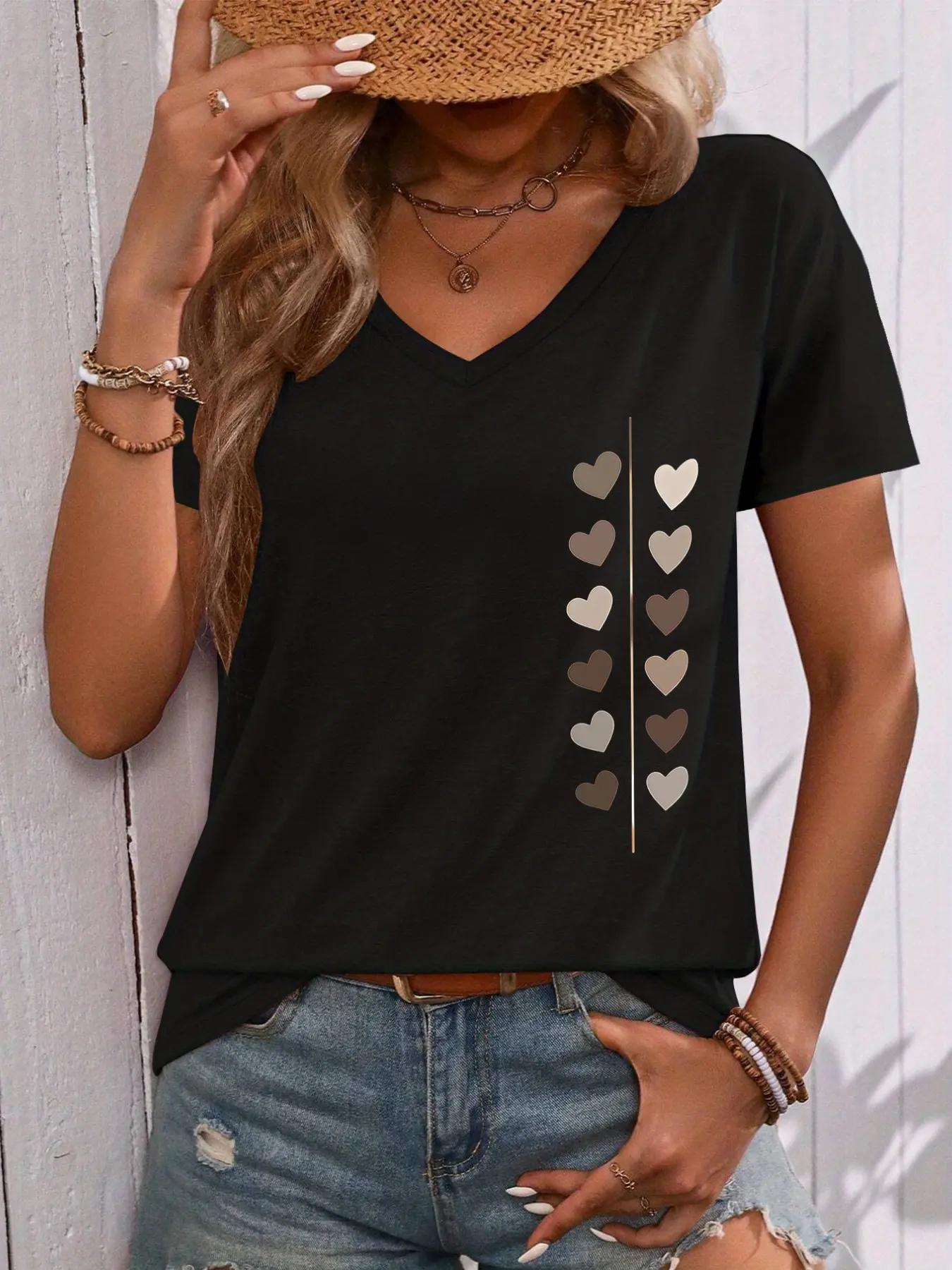Women's Casual Short Sleeve T-Shirt, Heart Print, V Neck, All Season Fashion Top, Trendy Style, Ladies' Clothing
