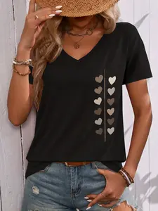 Women's Casual Short Sleeve T-Shirt, Heart Print, V Neck, All Season Fashion Top, Trendy Style, Ladies' Clothing