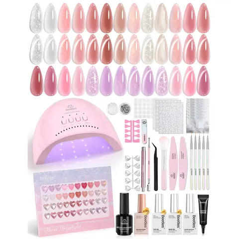 Beetles 20-Color Gel Nail Polish Kit - Translucent Sheer Aesthetic Shades, Durable Peel-Off Formula, Glossy Top & Base Coats, Nail Art Tools with Rhinestones, Ideal Gift for Moms,familyfun