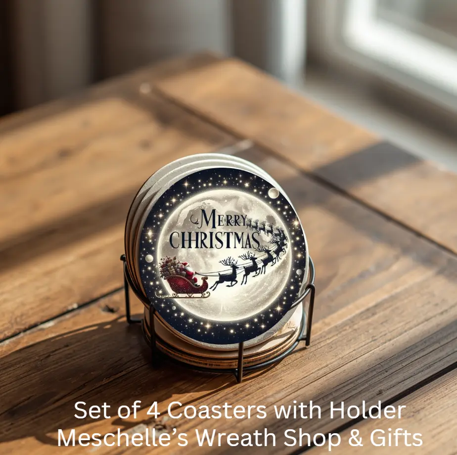 Santa & Reindeer House Coasters Set of 4 Ceramic Coasters with Metal Holder