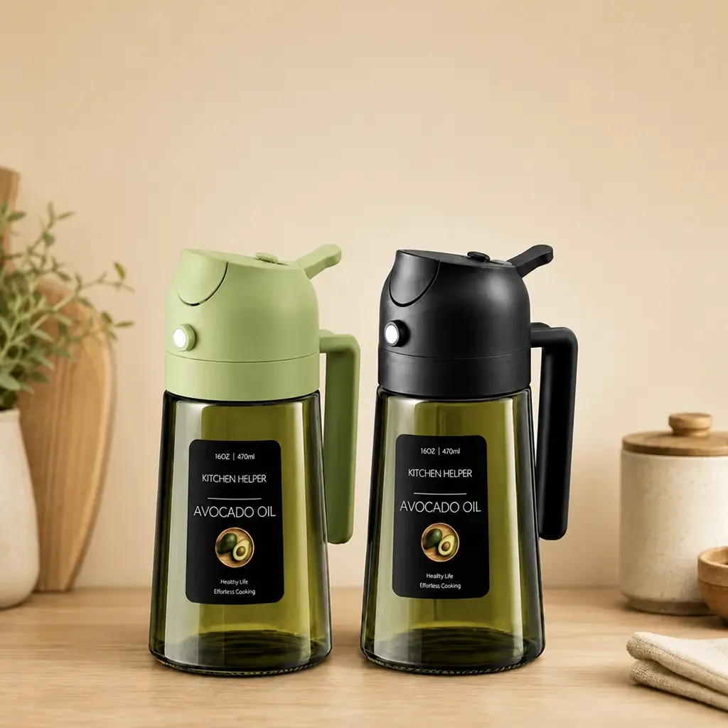 16oz Dark Glass Oil Spray Bottle 2PCS, Oil Dispenser for Kitchen 2 in 1 Sprayable Bottle, Food Safe Oil Sprayer for Cooking, Anti-Light Oil Spray Bottle with Pour Spout for Air Fryer & BBQ