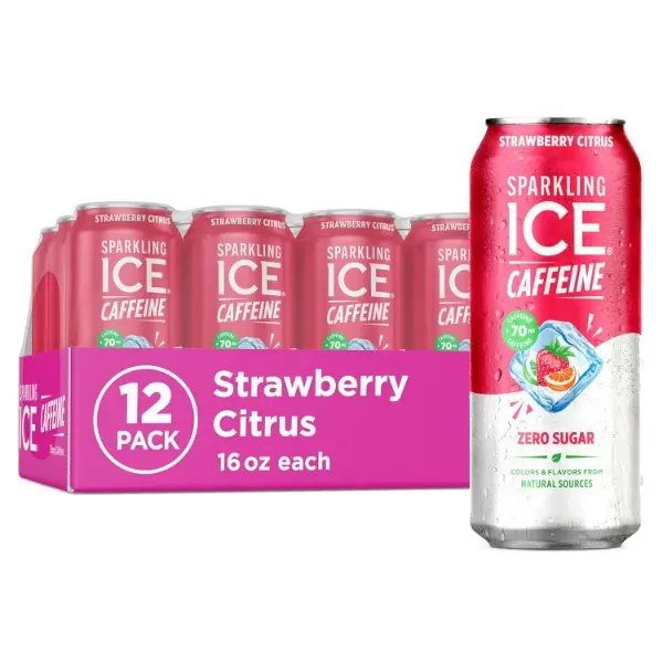 Caffeine Strawberry Citrus Sparkling Water with Caffeine, Zero Sugar, with Antioxidants and Vitamins,16 fl oz Cans (Pack Of 12)