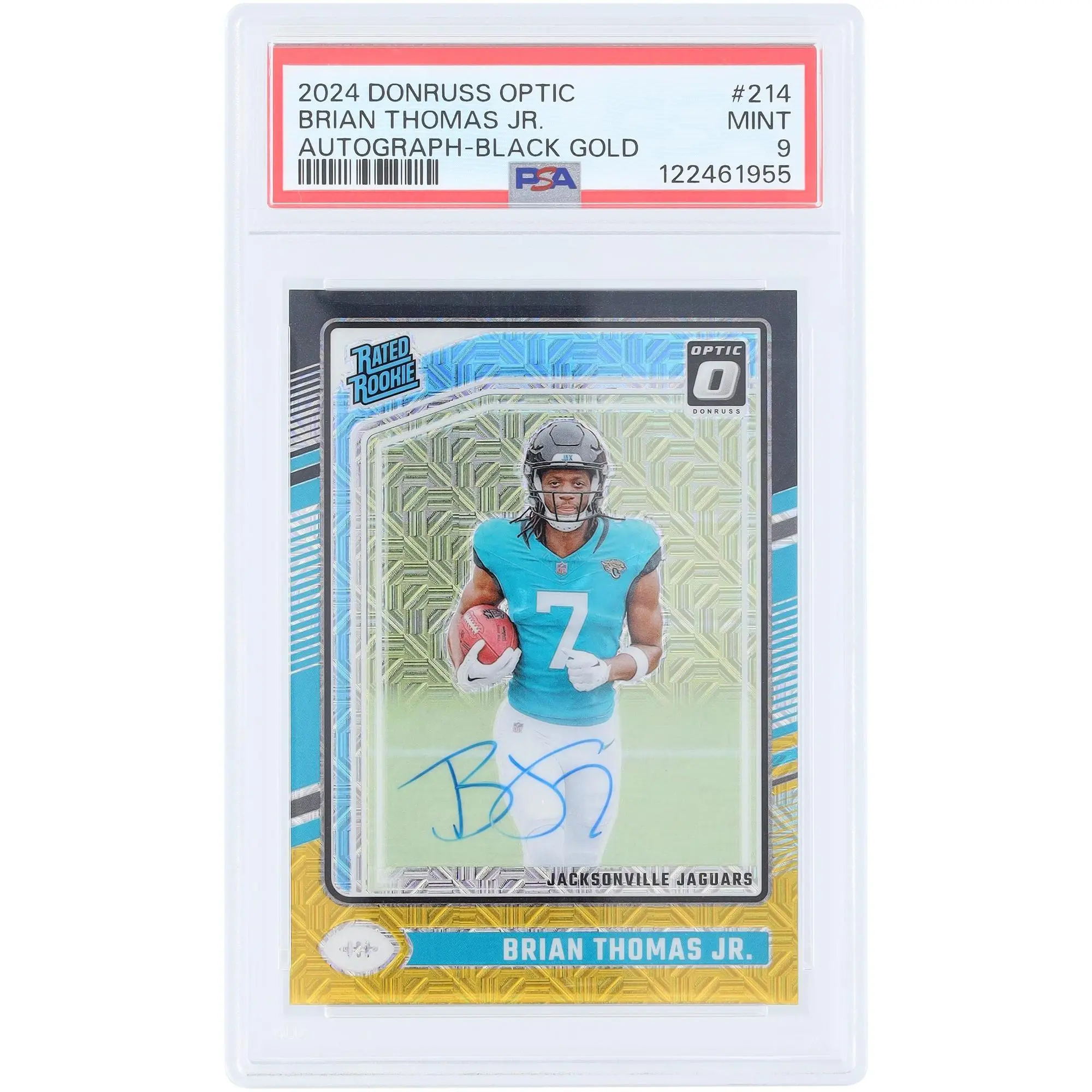 Brian Thomas Jr. Jacksonville Jaguars Autographed 2024 Panini Donruss Optic Black Gold Prizm #214 #14/60 PSA Authenticated 9 Rookie Card - Fanatics Authentic Certified