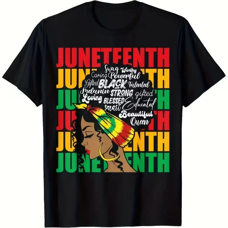 Women's Fitted Short-Sleeve Round Neck Cotton Top - Juneteenth Black Queen Melanin Strong Print Tshirt, Black History Month Everyday Tee, Shortsleeve
