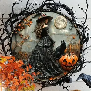 Halloween Gothic Witch Metal Sign with Cat Ghost Pumpkin Lantern, Waterproof Indoor Outdoor Wall Art, Home Office Party Decoration