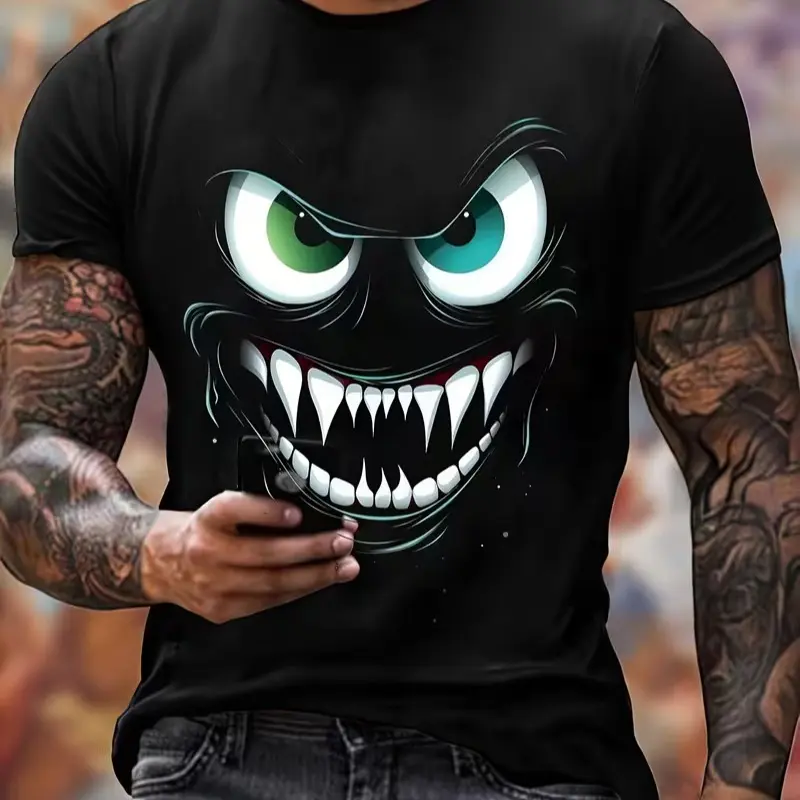 Boys' Monster Print Streetwear T-Shirt, 100% Cotton Casual Short-Sleeve Crew Neck Top, Menswear-Inspired Outdoor Kids' Clothing, Shortsleeve, Tshirt