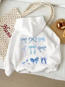 Pocket Hooded Drawstring Sweatshirt Pullover, Long Sleeve, Blue Bow Print, Casual Loose-Fitting, Ideal for Spring & Fall, Comfortable Fashion