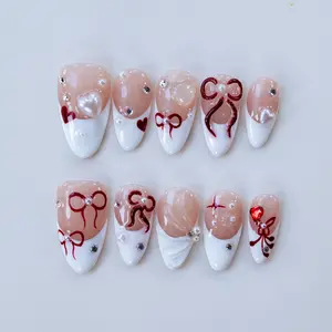 Fullovenail Almond shape White French Tip Bow Handmade Press on nail