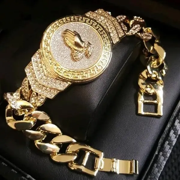 MaxBling81 Men's Cuban CZ Full Iced Prayer Motif Bracelet - Gold-Plated, 8.5 in Hip Hop Religious Charm, Daily Fashion Costume Jewelry Accessory