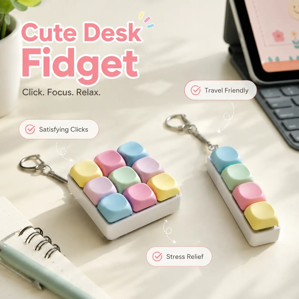 Mechanical Keyboard Keychain Fidget Clicker for Adults - Colorful Silicone Stress Relief Gadget with Silent & Loud Click Options, Sensory Fidget Tools, Keyboard Fidget Clicker