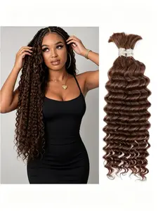 14-28 Inch 12A Boho Human Braiding Hair, Chocolate Brown Color 4# Curly Deep Wave Bulk Hair, 2 Bundles Fashion Hair For Halloween Party Look