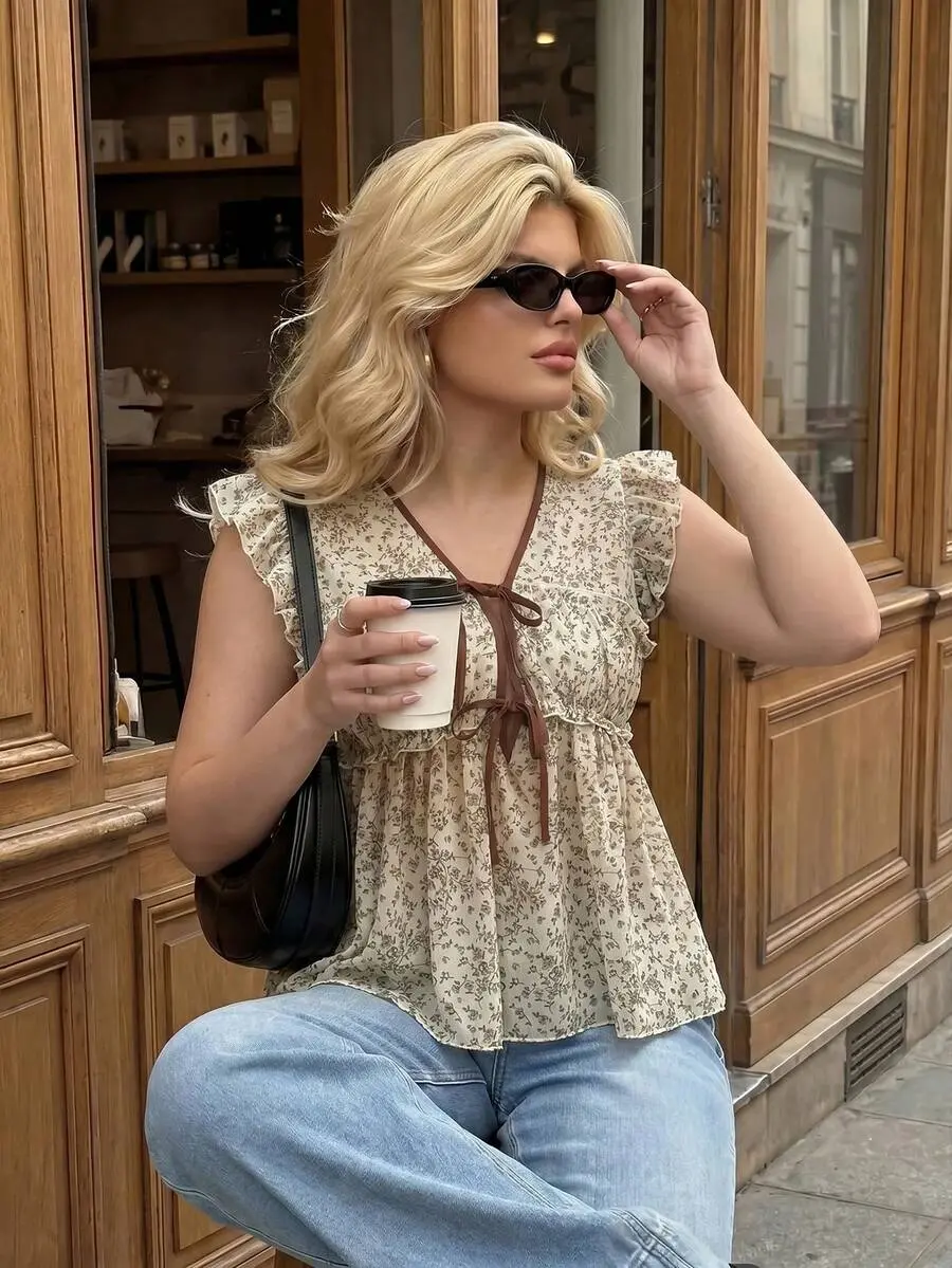 SlaySleep x Dripcurv Plus Size Casual Vacation Leopard Print Chiffon Cap Sleeve Tie Front Blouse Casual Blouse For Women Casual Vacation Blouse Casual Home Wear Summer