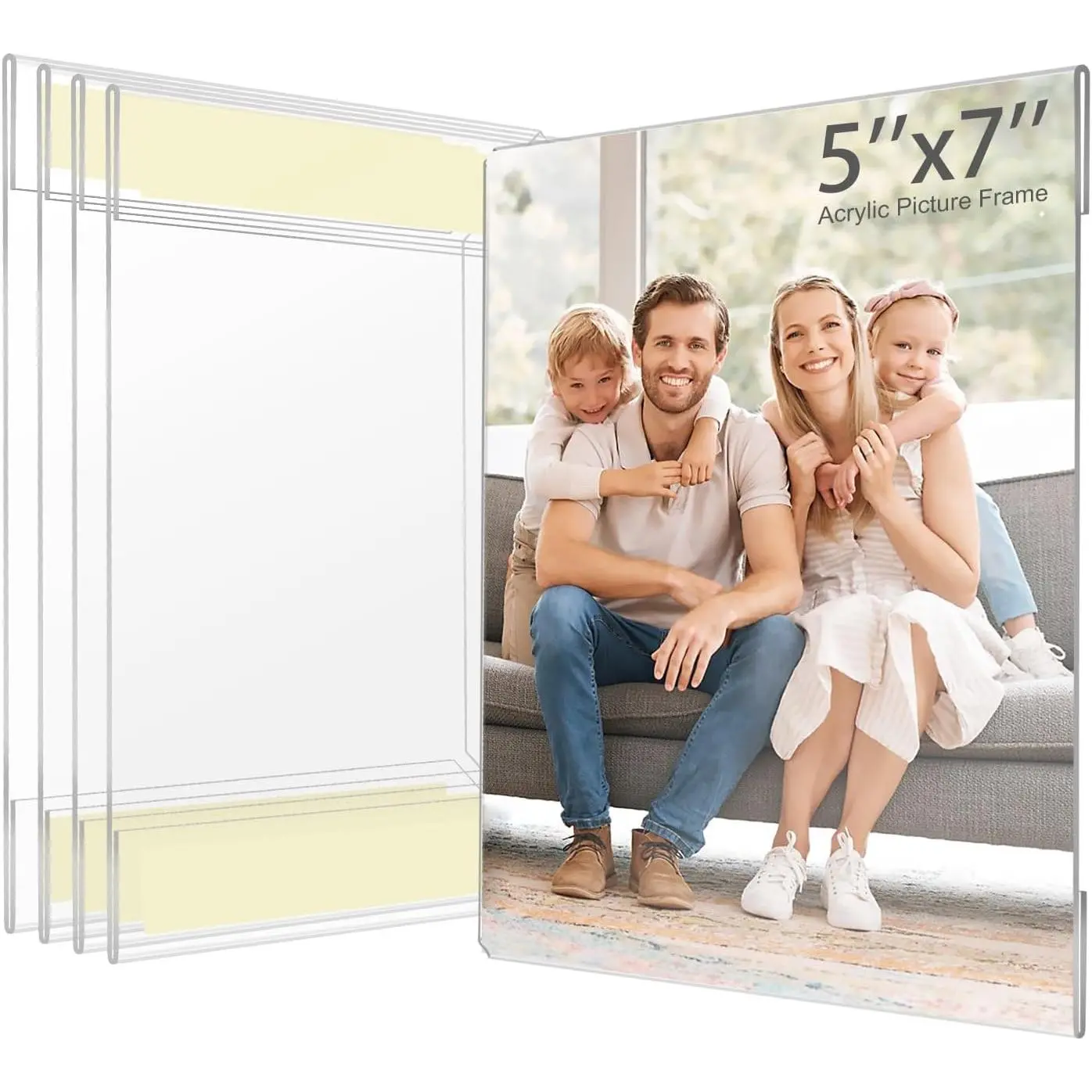 5x7  Picture Frame, Pack of 5 Clear Frameless Photo Frames for Wall Mount, No Drilling Floating Hanging Picture Frames with Tape for Home, School, Office