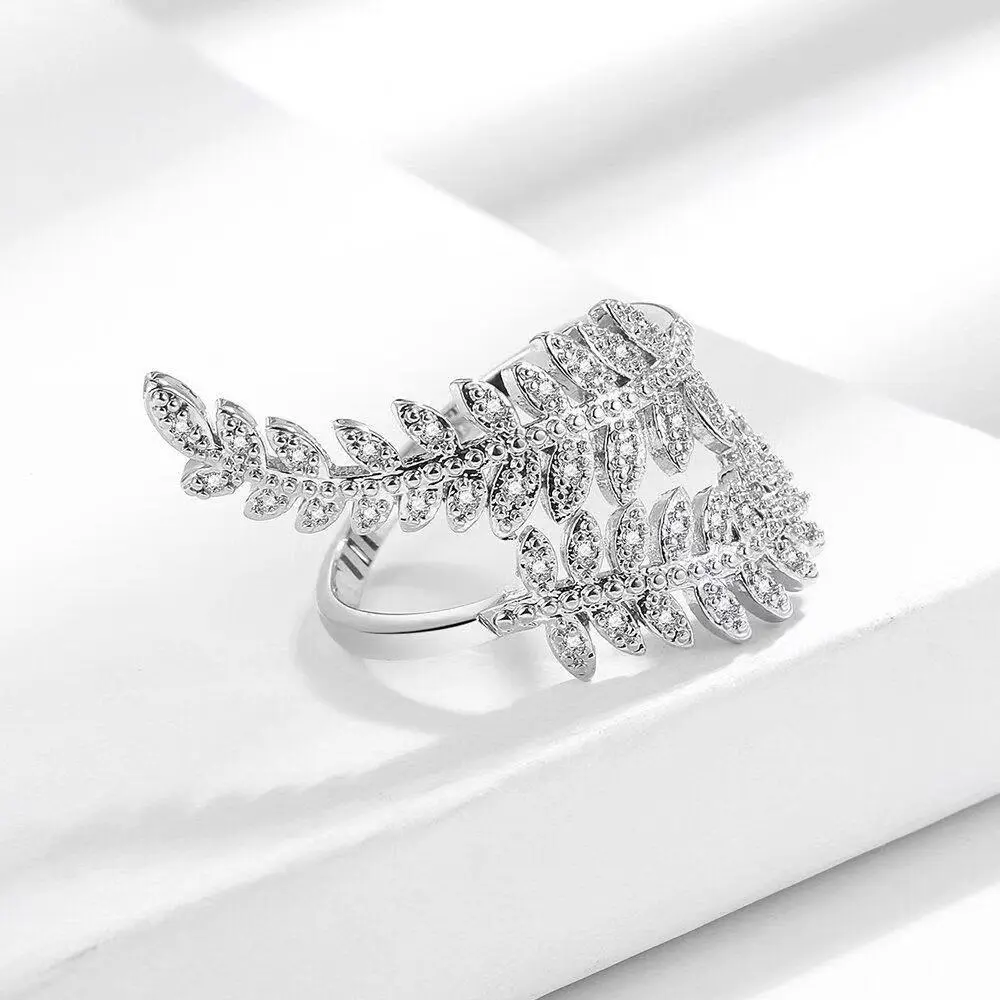 Long-style leaf ring with cubic zirconia—a two-tone gold and silver leaf design. Adjustable in size, stylish, and elegant; an ideal gift for holidays, anniversaries, weddings, or birthdays—the perfect ring for a girlfriend.