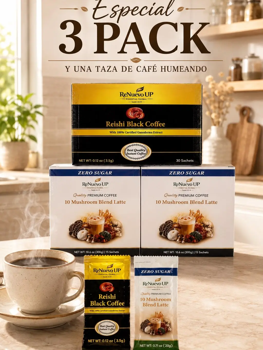 Premium Coffee 3-Pack - 2 Units Mushroom Blend Latte, 1 Unit No-Sugar Black Coffee