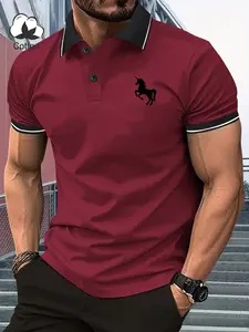 Men’s Summer Pure Cotton Short-Sleeve Polo T‑Shirt with Small Horse Print Casual Sports Style for Travel Vacation and Outdoor Activities