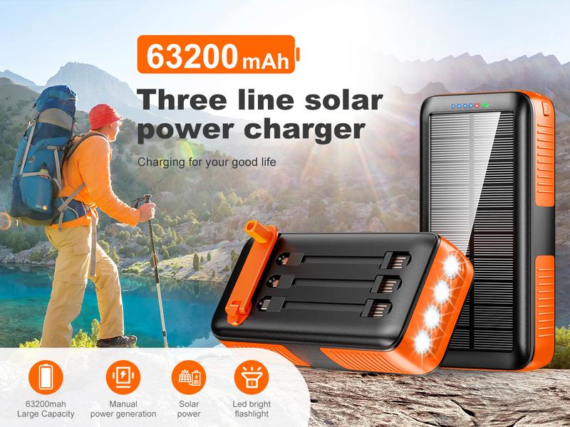 Solar Charger Power Bank 63200mAh Portable Dual Outputs Dual Inputs 4 LEDs Flashlight Hand Crank Solar Charging Fast Charging Battery Pack for Outdoor Camping Emergency Gear