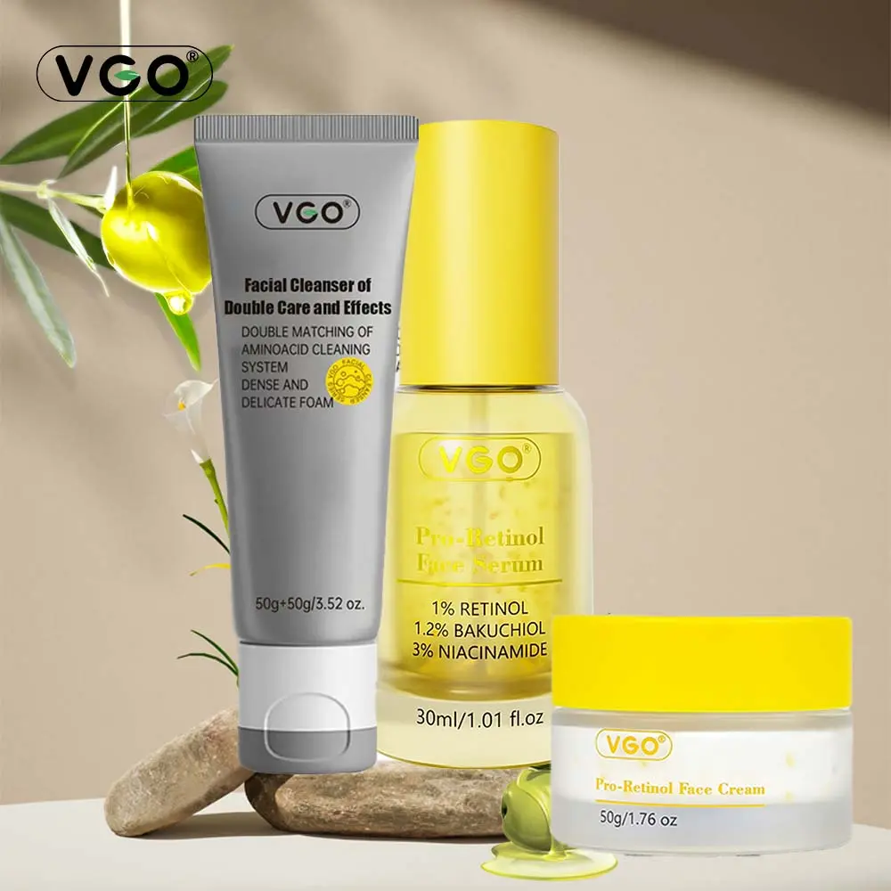 VGO 3-Piece Skincare Set - Pro-Retinol Serum, Oil Control Essence & Moisturizing Cream for Blackhead Removal, Hydrates Oily & All Skin Types, Unisex, Adults, Pore Shrinking, Blemishes & Blackheads, Oily/Acne, Psoralen Blend, Cleansing, Whitening, Gentle,,