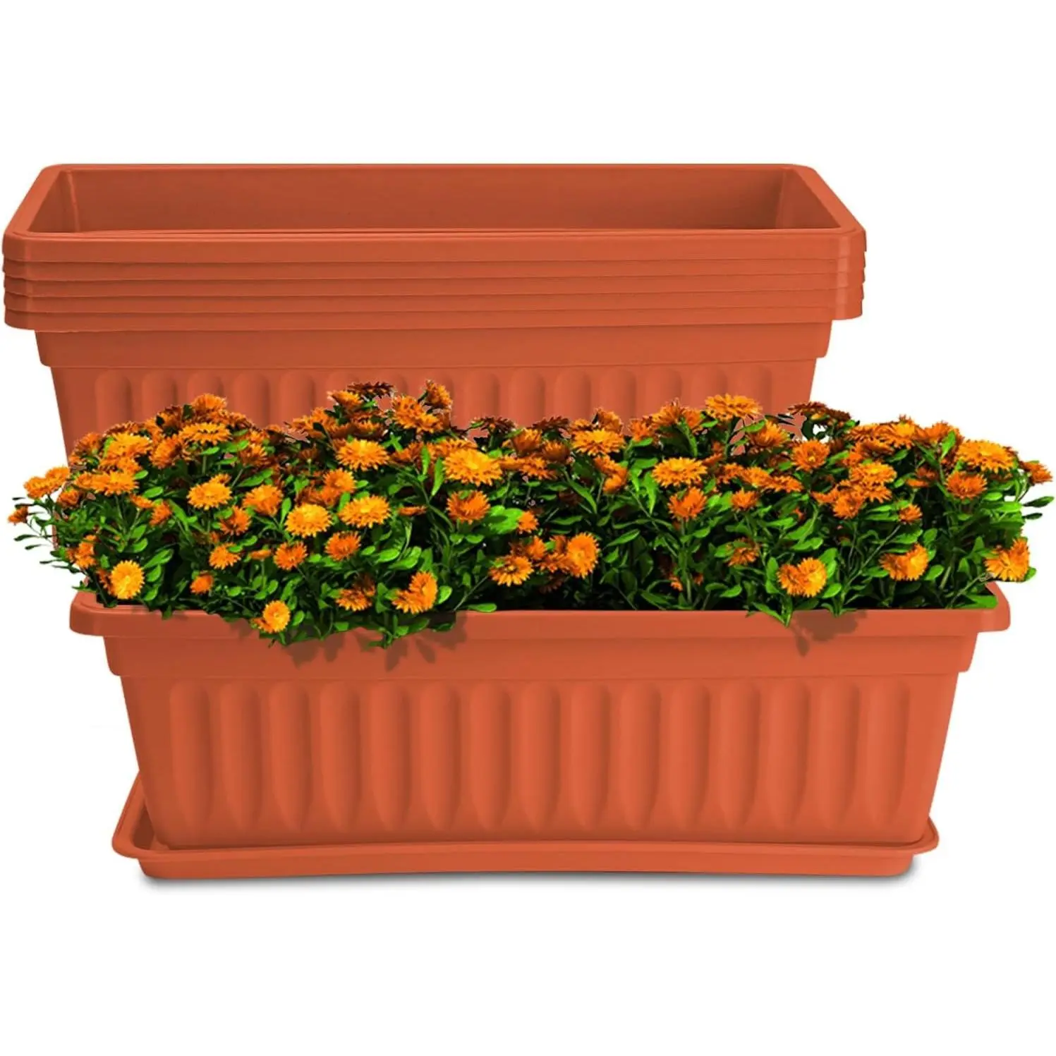 Brick Red 6-Piece 17in Rectangular Sturdy Plastic Window Box Planters, Indoor-Outdoor Vegetable Flower Pots for Windowsill, Patio Gardening