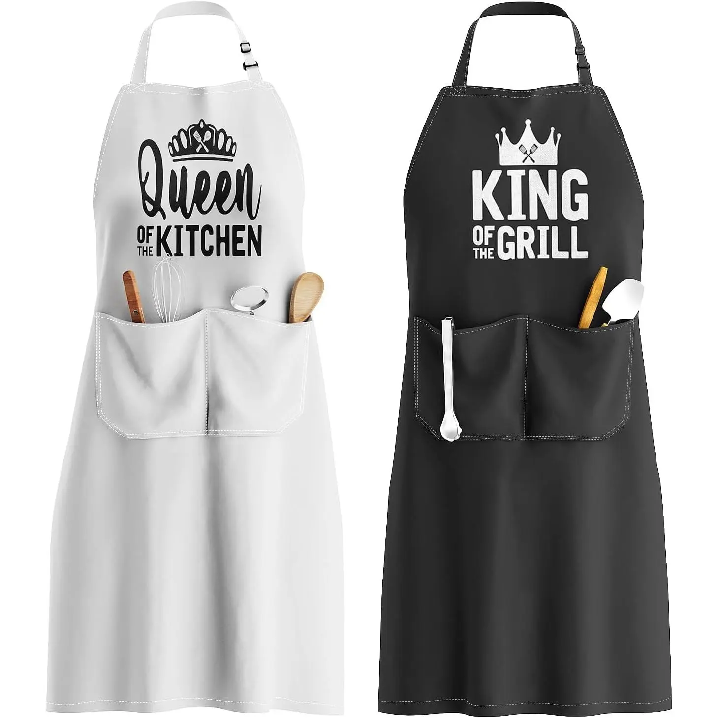 &  Apron Set - Matching Couples Kitchen Aprons with Deep Pockets & Reinforced Stitching -  Professional Cooking Gear for Wedding, Engagement, Bridal Shower, Valentines, Christmas