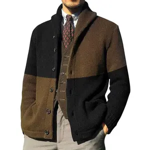 Men's Elegant Color Block Lapel Knit Cardigan Regular Fit Spring Fall Layering Acrylic Lining Medium Elasticity Fabric Durable Button Closure Soft Texture Autumn Layering Apparel Office Attire Casual Style Knitwear Menswear Beige Long Sleeve Plain Tops
