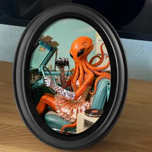 1pc Interesting Octopus Monster Driving Desktop Decor Wall Decor - Wooden Decorative Sign, Oval Rectangle Art Room Decor Photo Frame, Perfect Gift for Halloween, Christmas and Thanksgiving