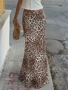 Women's Leopard Print Maxi A-Line Skirt, Casual Fitted Design, Drawstring Waist, All-Season Wear, Comfortable & Stylish
