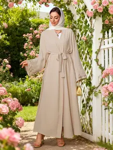 Women's Floral Embroidery Long Sleeve Abaya without Hijab, Modest Belted Open Front Abaya for Daily Wear, Women's Islamic Clothing for All Seasons
