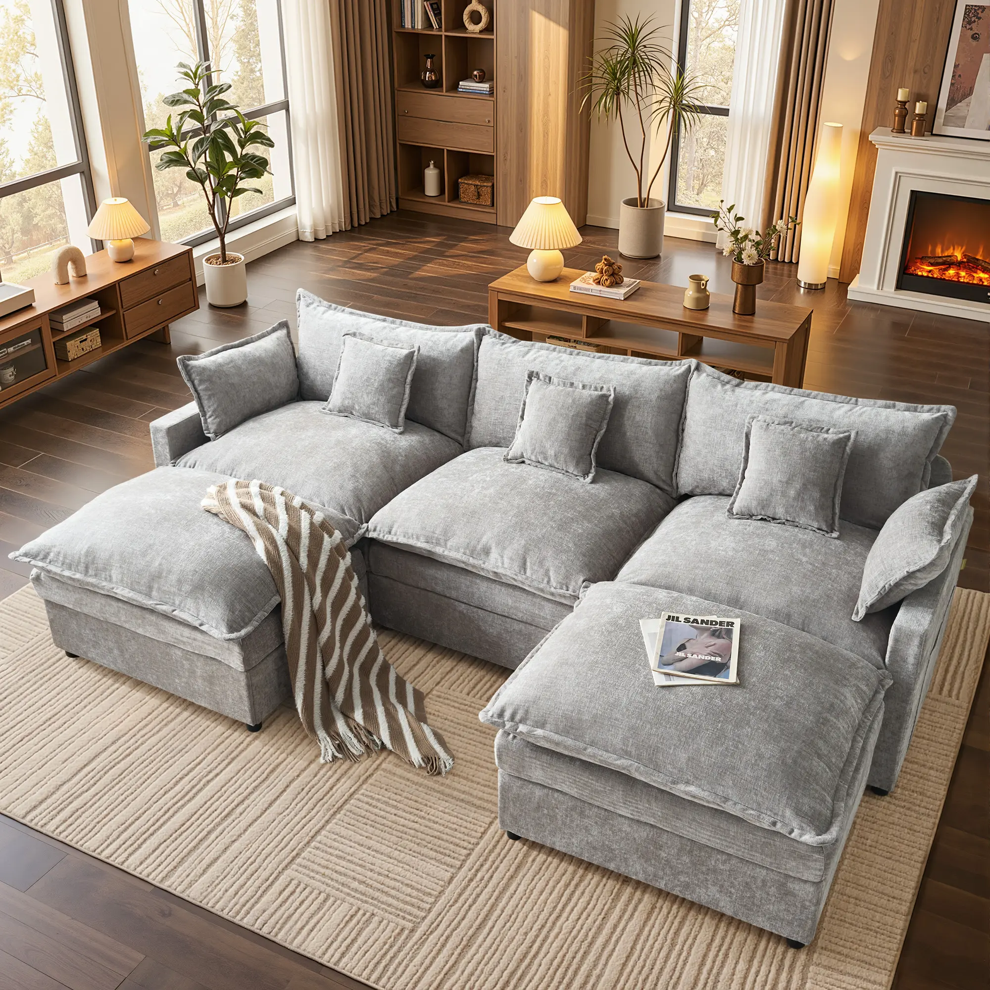 HOOOWOOO 108" U-Shaped Modular Sectional Sofa - Comfy Cloud 3-Seater with 2 Movable Ottoman, Cloud Sofa, Deep Seat Linen Couch for Living Room,【2 Packages Shipping】Beige Color, Comfort & Stylish Design, Chenille Camel